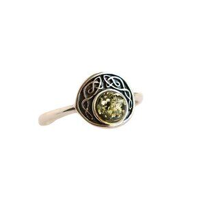 Baltic Green Amber Celtic Ring in 925 Sterling Silver